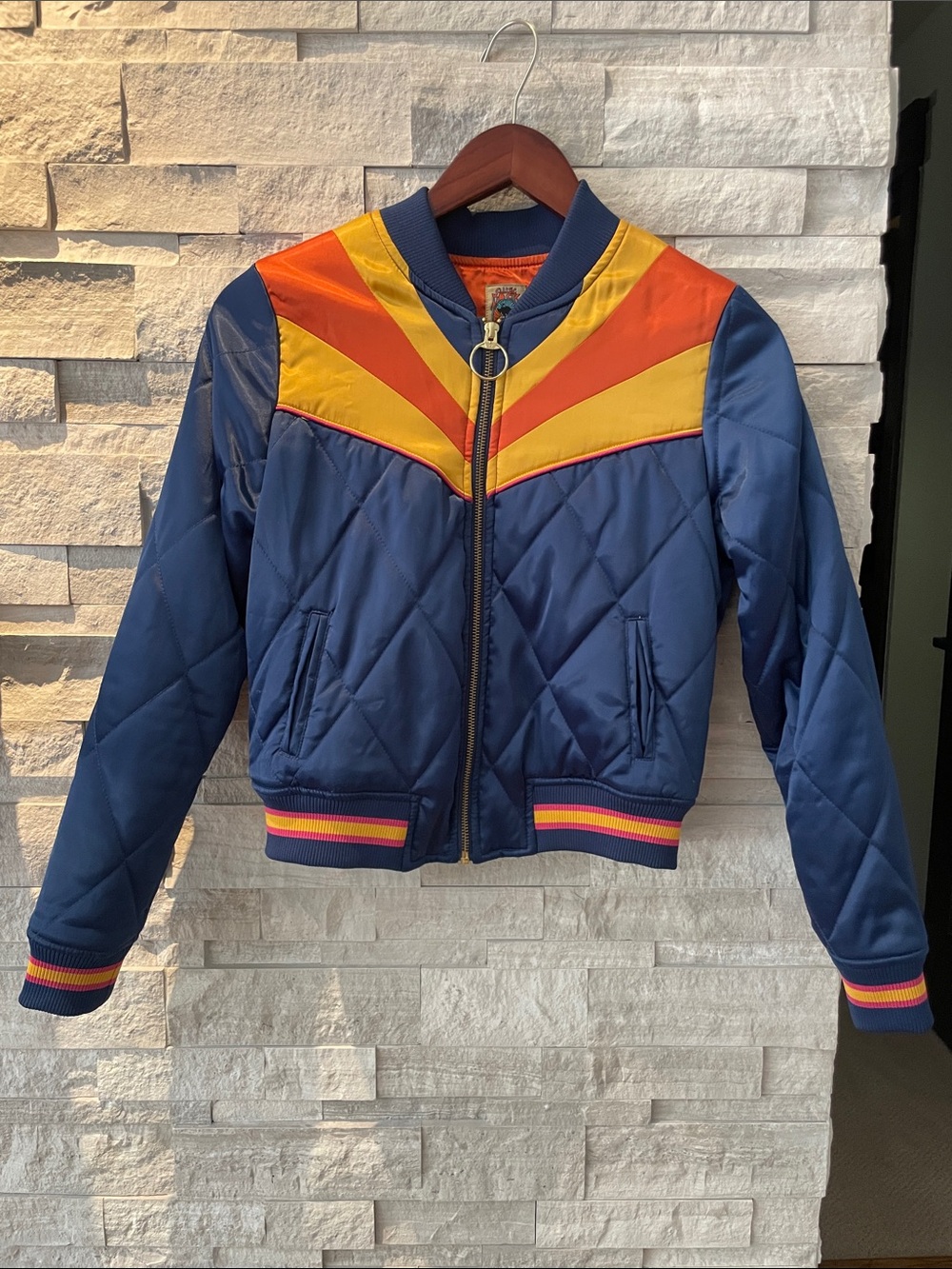 Girls' Navy Quilted Bomber Jacket with Yellow & Orange Chevron